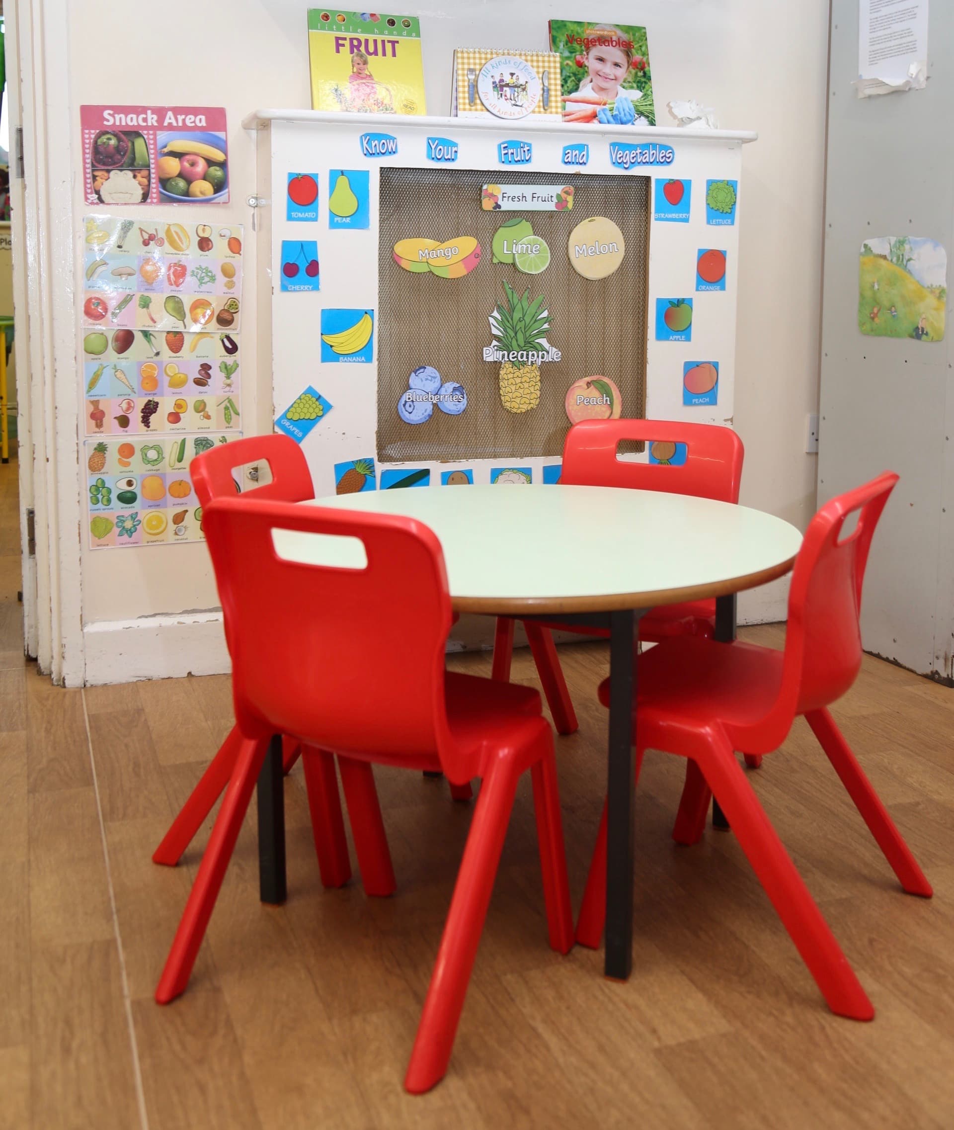 Snack area with fruit and vegetable display